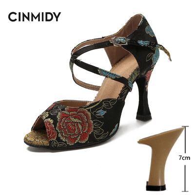 CINMIDY Γυναικεία λατινικά παπούτσια χορού Tango Salsa Rumba Waltz Ballroom Training shoes Black Blue 5CM- 10CM Κορίτσια σατέν ψηλοτάκουνα