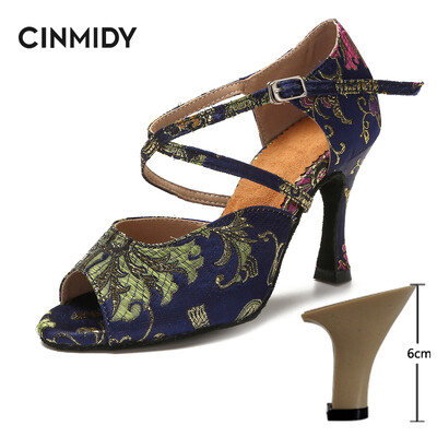 CINMIDY Γυναικεία λατινικά παπούτσια χορού Tango Salsa Rumba Waltz Ballroom Training shoes Black Blue 5CM- 10CM Κορίτσια σατέν ψηλοτάκουνα