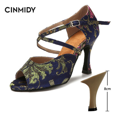 CINMIDY Γυναικεία λατινικά παπούτσια χορού Tango Salsa Rumba Waltz Ballroom Training shoes Black Blue 5CM- 10CM Κορίτσια σατέν ψηλοτάκουνα