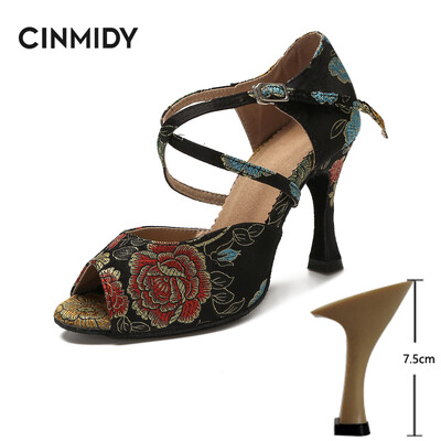 CINMIDY Γυναικεία λατινικά παπούτσια χορού Tango Salsa Rumba Waltz Ballroom Training shoes Black Blue 5CM- 10CM Κορίτσια σατέν ψηλοτάκουνα