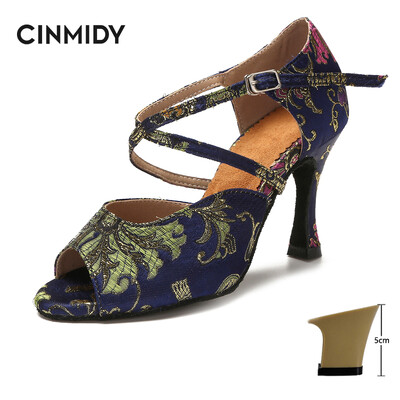 CINMIDY Γυναικεία λατινικά παπούτσια χορού Tango Salsa Rumba Waltz Ballroom Training shoes Black Blue 5CM- 10CM Κορίτσια σατέν ψηλοτάκουνα
