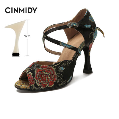 CINMIDY Γυναικεία λατινικά παπούτσια χορού Tango Salsa Rumba Waltz Ballroom Training shoes Black Blue 5CM- 10CM Κορίτσια σατέν ψηλοτάκουνα