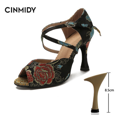 CINMIDY Γυναικεία λατινικά παπούτσια χορού Tango Salsa Rumba Waltz Ballroom Training shoes Black Blue 5CM- 10CM Κορίτσια σατέν ψηλοτάκουνα