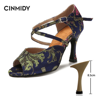 CINMIDY Γυναικεία λατινικά παπούτσια χορού Tango Salsa Rumba Waltz Ballroom Training shoes Black Blue 5CM- 10CM Κορίτσια σατέν ψηλοτάκουνα