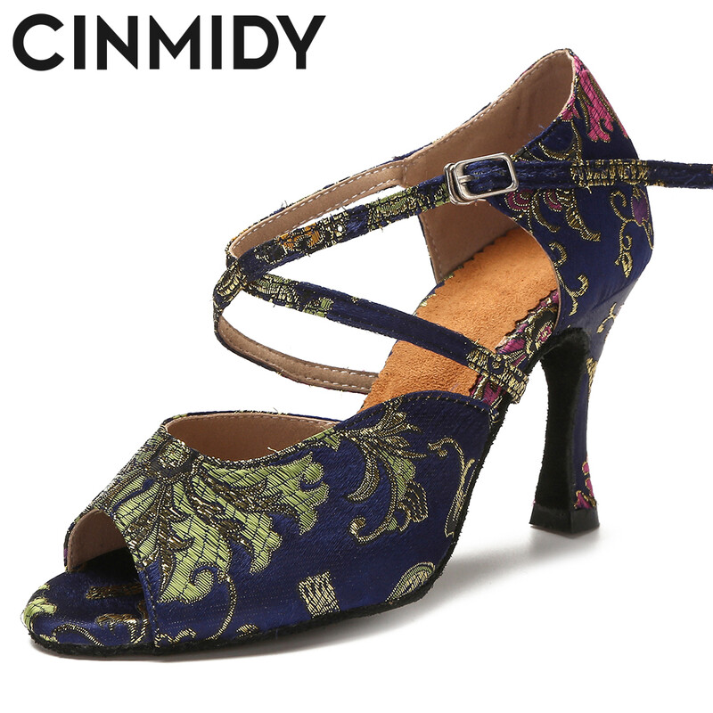 CINMIDY Γυναικεία λατινικά παπούτσια χορού Tango Salsa Rumba Waltz Ballroom Training shoes Black Blue 5CM- 10CM Κορίτσια σατέν ψηλοτάκουνα