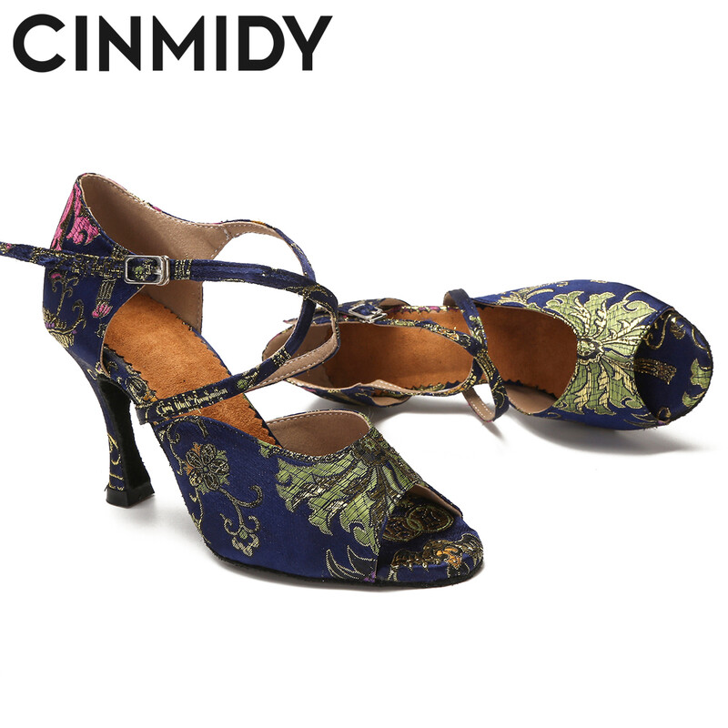 CINMIDY Γυναικεία λατινικά παπούτσια χορού Tango Salsa Rumba Waltz Ballroom Training shoes Black Blue 5CM- 10CM Κορίτσια σατέν ψηλοτάκουνα