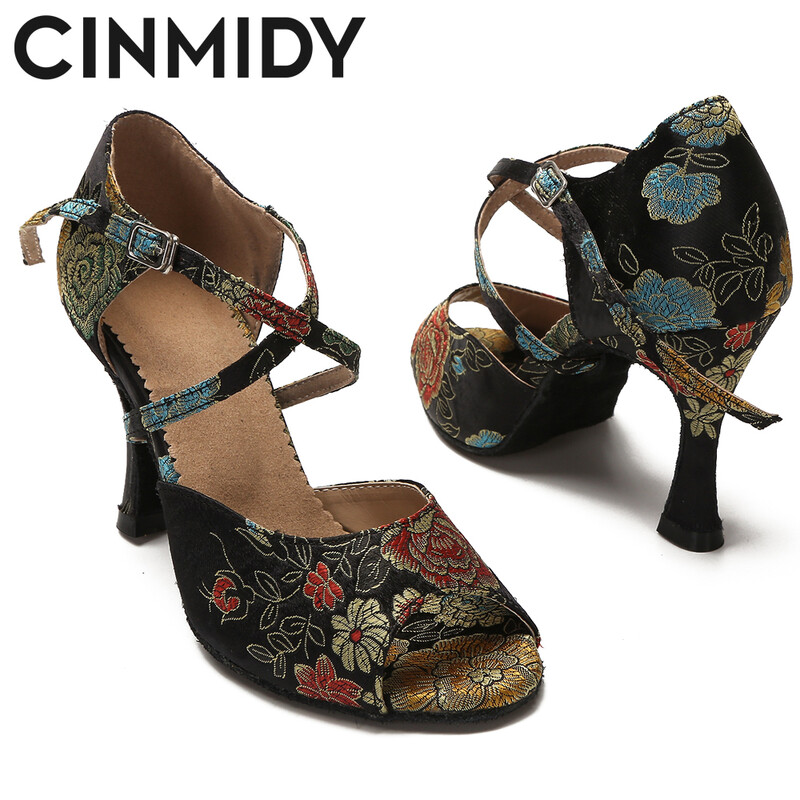 CINMIDY Γυναικεία λατινικά παπούτσια χορού Tango Salsa Rumba Waltz Ballroom Training shoes Black Blue 5CM- 10CM Κορίτσια σατέν ψηλοτάκουνα