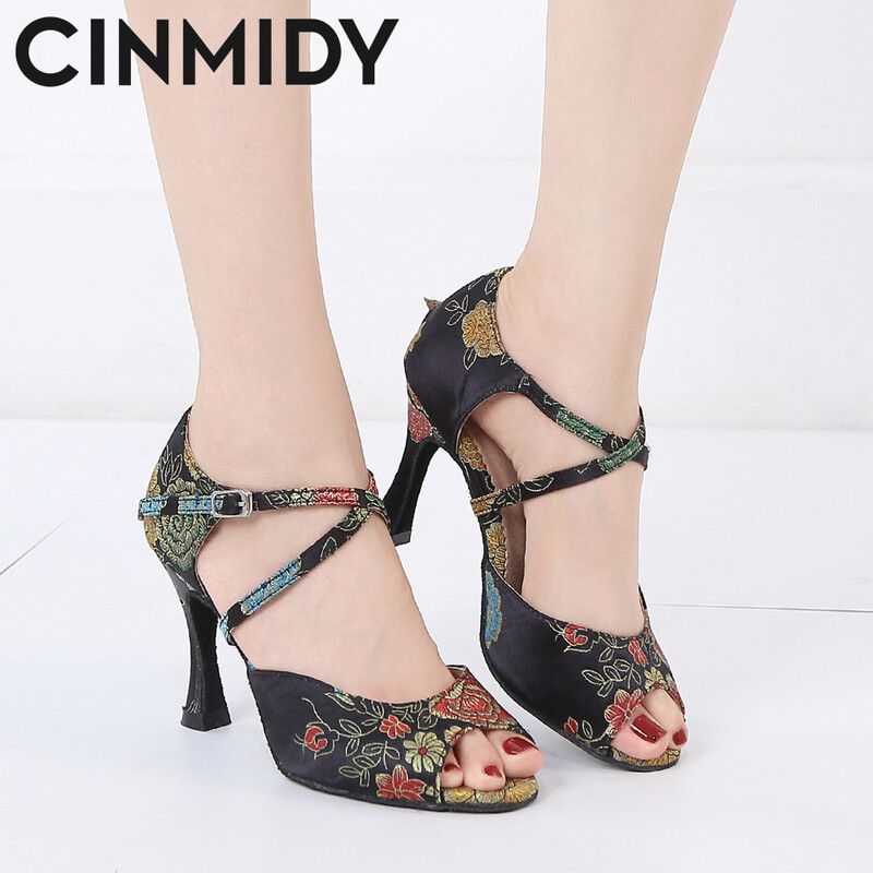 CINMIDY Γυναικεία λατινικά παπούτσια χορού Tango Salsa Rumba Waltz Ballroom Training shoes Black Blue 5CM- 10CM Κορίτσια σατέν ψηλοτάκουνα