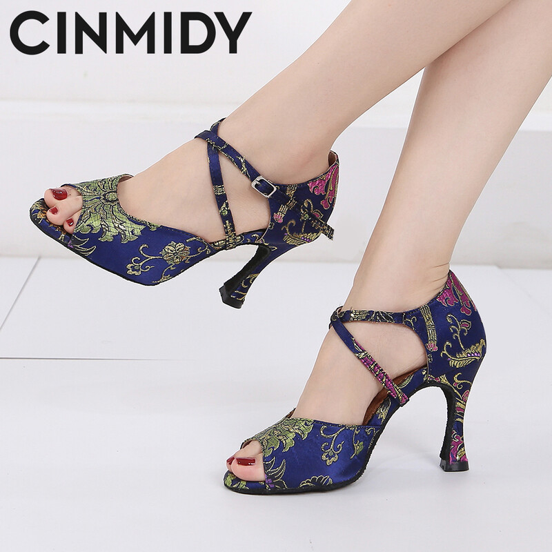 CINMIDY Γυναικεία λατινικά παπούτσια χορού Tango Salsa Rumba Waltz Ballroom Training shoes Black Blue 5CM- 10CM Κορίτσια σατέν ψηλοτάκουνα