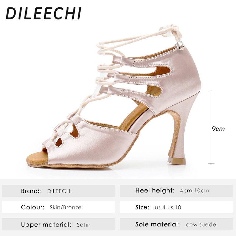 DILEECHI ladina tantsu kingad Lace-Up naiste peotantsukingad laiad/ kitsad Salsa kuuba konts 9cm nahast/pronksist satiinkingad