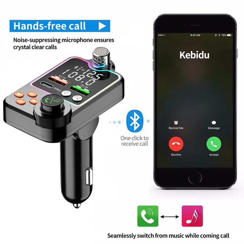 Bluetooth 5.0 Transmițător FM pentru mașină Încărcător dublu USB pentru mașină PD Type-C Încărcare rapidă Apel fără fir Mâini libere Receptor audio MP3 Player