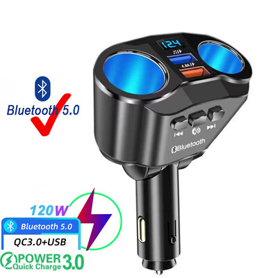 Bluetooth 5.0 FM odašiljač 12V utičnica upaljač razdjelnik strujni adapter Dual USB 4.8A auto punjač s prikazom napona