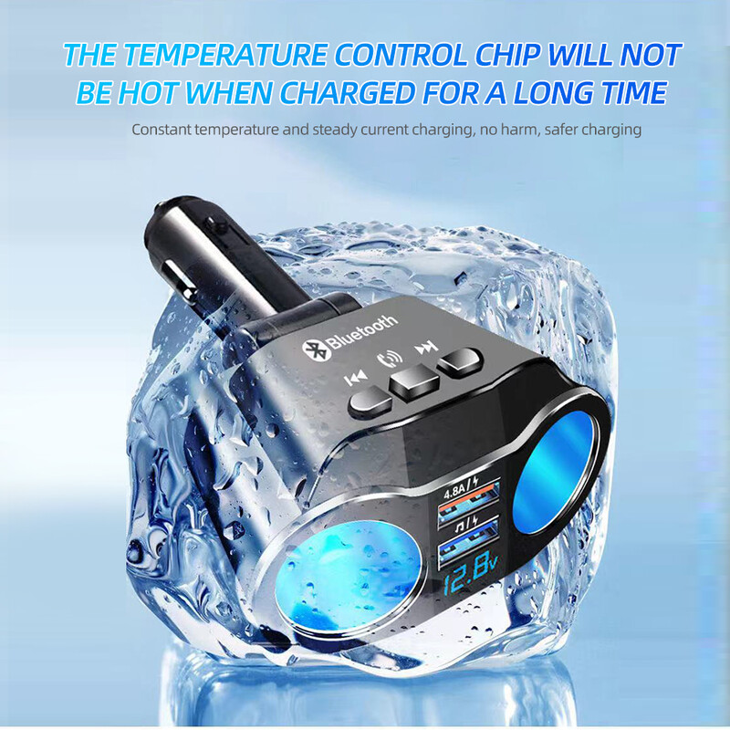 Bluetooth 5.0 FM odašiljač 12V utičnica upaljač razdjelnik strujni adapter Dual USB 4.8A auto punjač s prikazom napona