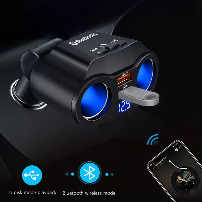 Bluetooth 5.0 FM odašiljač 12V utičnica upaljač razdjelnik strujni adapter Dual USB 4.8A auto punjač s prikazom napona