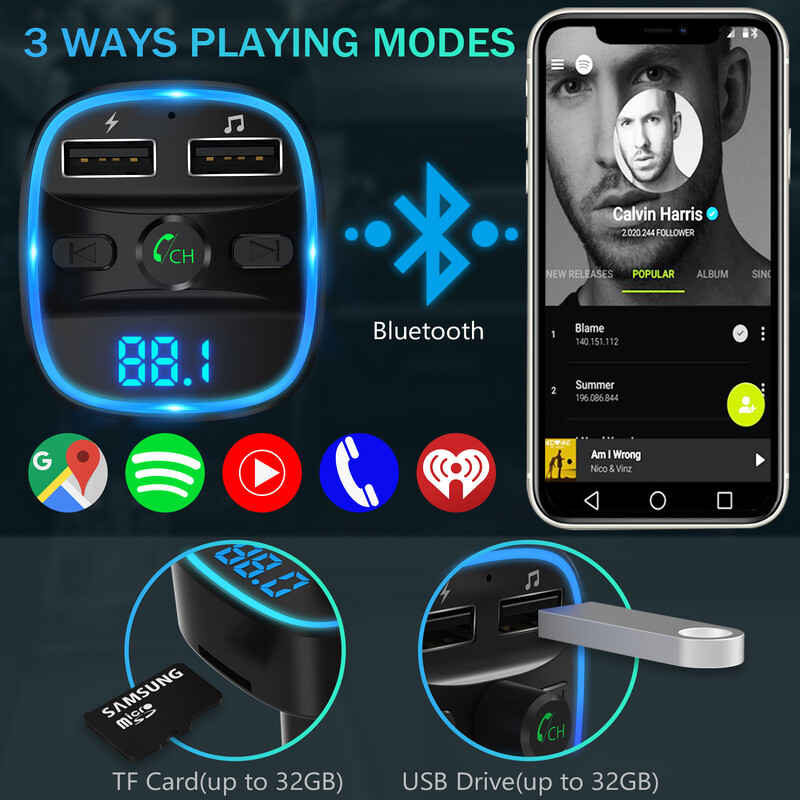 LENCENT Transmițător FM Bluetooth Adaptor radio fără fir Kit auto cu încărcare dublă USB Încărcător pentru mașină MP3 Player Suport card TF