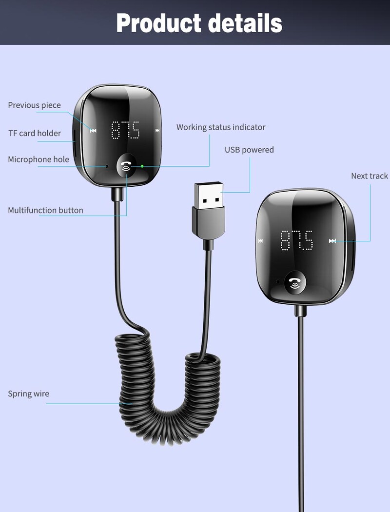 Gadpow Transmițător FM Bluetooth 5.0 Transmițător audio pentru mașină Adaptor Bluetooth fără fir Kit auto Mâini libere pentru telefon