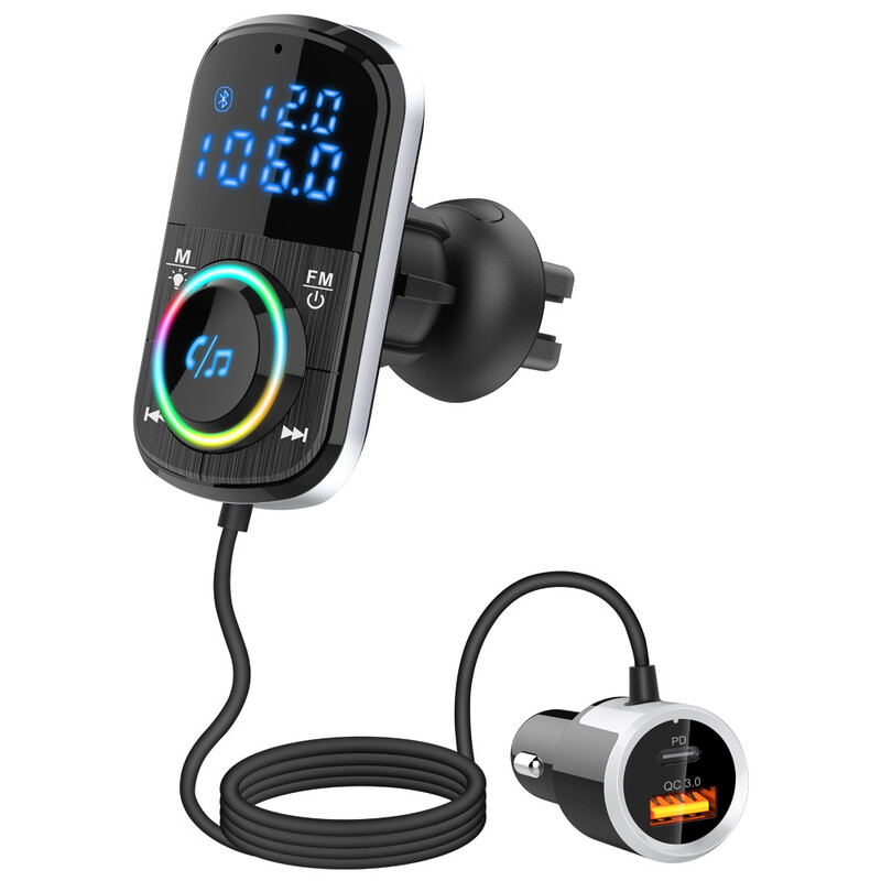 1 buc. Transmițător FM pentru mașină Încărcător pentru mașină Bluetooth 5.0 QC 3.0 Încărcare rapidă PD Încărcător pentru mașină MP3 Music Player Lumină ambientală Card TF