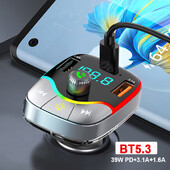 Transmițător FM Bluetooth 5.3 Modulator radio auto Mâini libere PD+3.1A Încărcător dublu USB pentru telefon Încărcare rapidă Kit de muzică USB AUX RGB
