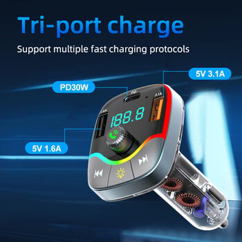 Bluetooth 5.3 FM трансмитер Handsfree Car Radio Modulator PD+3.1A Двойно USB зарядно устройство за телефон Бързо зареждане RGB USB AUX Музикален комплект