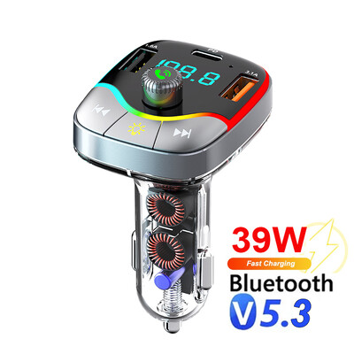 Transmițător FM Bluetooth 5.3 Modulator radio auto Mâini libere PD+3.1A Încărcător dublu USB pentru telefon Încărcare rapidă Kit de muzică USB AUX RGB