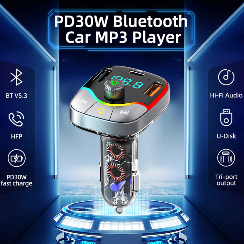 Transmițător FM Bluetooth 5.3 Modulator radio auto Mâini libere PD+3.1A Încărcător dublu USB pentru telefon Încărcare rapidă Kit de muzică USB AUX RGB