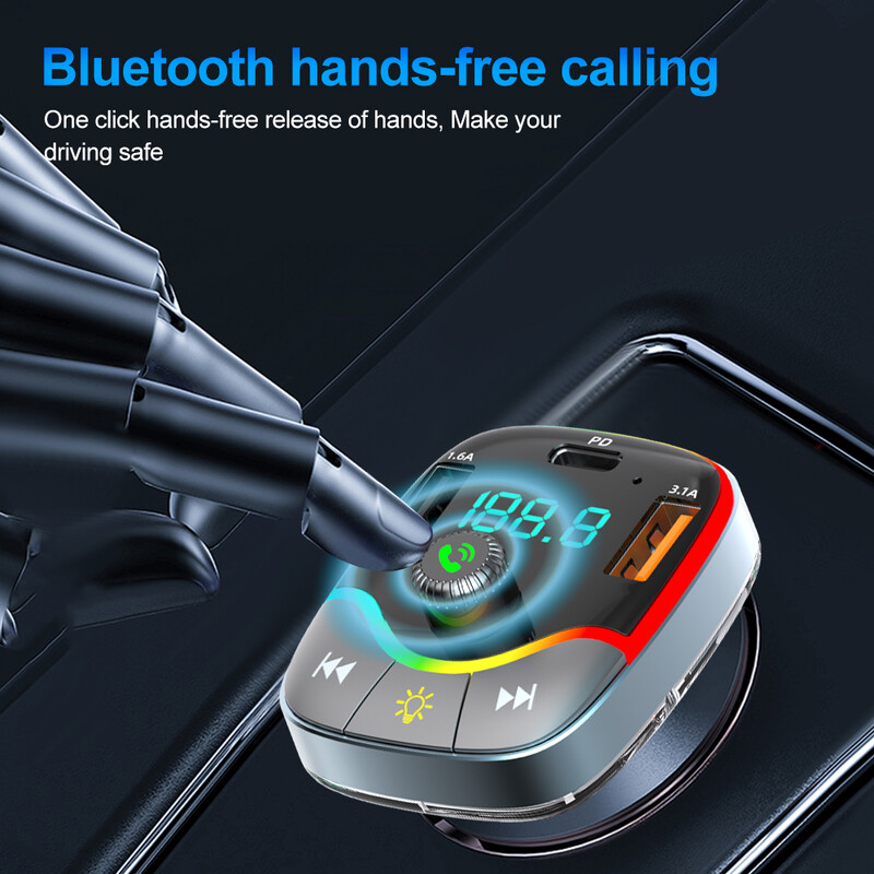 Transmițător FM Bluetooth 5.3 Modulator radio auto Mâini libere PD+3.1A Încărcător dublu USB pentru telefon Încărcare rapidă Kit de muzică USB AUX RGB