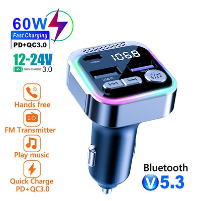 Φορτιστής αυτοκινήτου Bluetooth 60W PD+QC3.0 Γρήγορος πομπός 5,3 FM Τύπος C Διπλή USB RGB Ελαφρύ Ασύρματο Μουσική Ραδιόφωνο Αυτοκινήτου Modulator Player