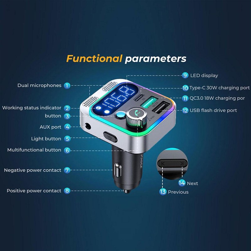 Transmițător FM Bluetooth 5.3 Auto reglabil Treble Bass Sound Player Music Player 48W PD QC3.0 Încărcător rapid Accesorii auto