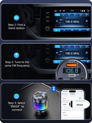 LENCENT Πομπός Bluetooth 5.3 FM Προσαρμογέας αυτοκινήτου Bluetooth με Type C PD 30W & QC3.0 USB Fast Charger Hi-Fi Music Adapter