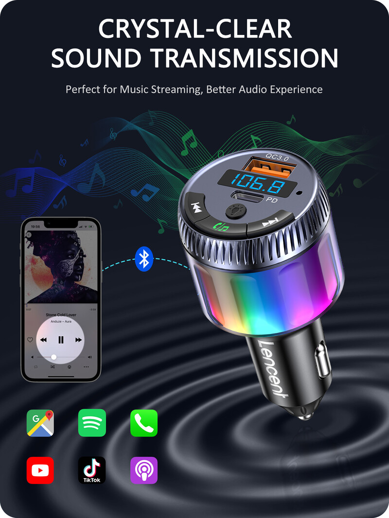 LENCENT Bluetooth 5.3 FM odašiljač Bluetooth adapter za automobil s tipom C PD 30W & QC3.0 USB brzi punjač Hi-Fi glazbeni adapter