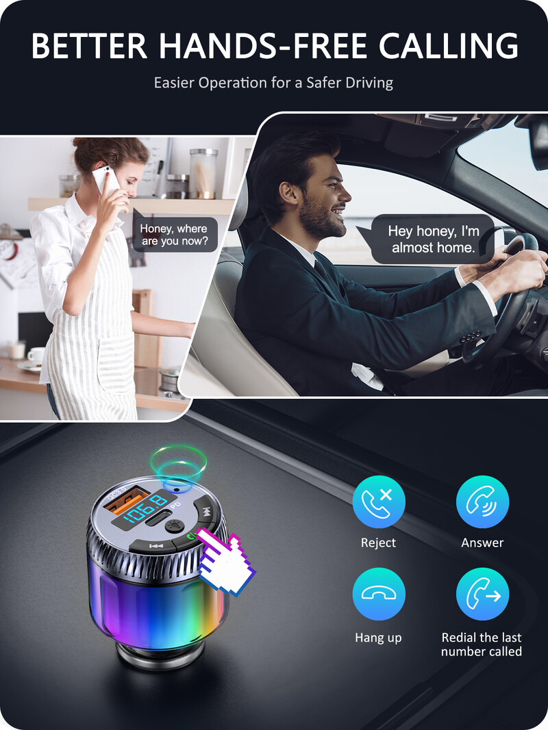 LENCENT Bluetooth 5.3 FM odašiljač Bluetooth adapter za automobil s tipom C PD 30W & QC3.0 USB brzi punjač Hi-Fi glazbeni adapter