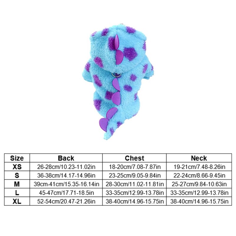 Lemmikloomade riided kassi koera paksendatud soe sinine dinosauruse kapuutsiga mantel koos pingutusnööriga pandlaga loomatarbed