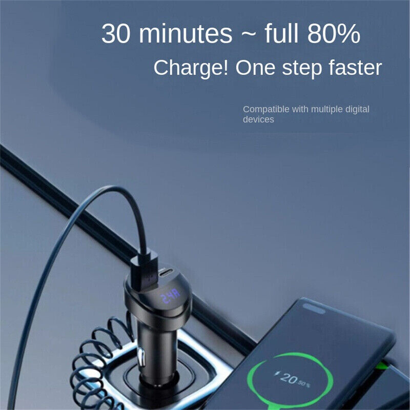 55 W 2-porti USB-kiire autotelefoni laadija 3,1A pingeekraaniga auto, kolm ühes USB ülestõstetav laadimiskaabel