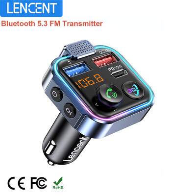 LENCENT Bluetooth 5.3 FM siųstuvas su C tipo PD 30W ir QC3.0 USB greituoju įkrovikliu Laisvų rankų belaidis MP3 Hi-Fi muzikos adapteris