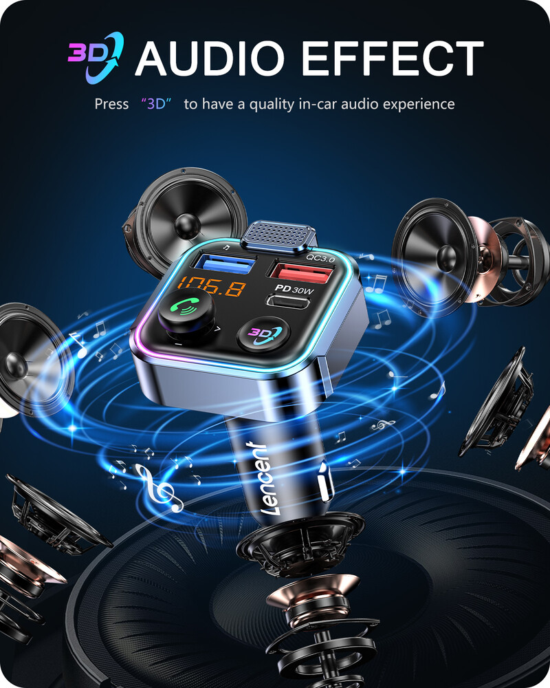 LENCENT Bluetooth 5.3 FM saatja C-tüüpi PD 30W ja QC3.0 USB-kiirlaadijaga Käed-vabad juhtmevaba MP3 Hi-Fi muusikaadapter