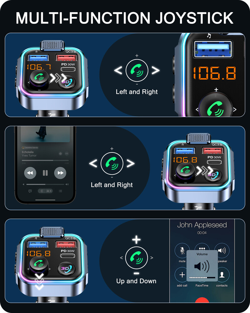 LENCENT Bluetooth 5.3 FM saatja C-tüüpi PD 30W ja QC3.0 USB-kiirlaadijaga Käed-vabad juhtmevaba MP3 Hi-Fi muusikaadapter