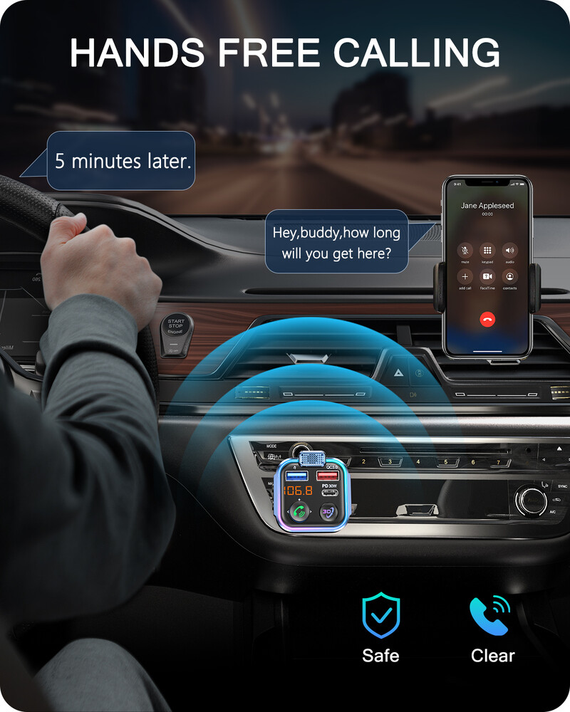 LENCENT Bluetooth 5.3 FM saatja C-tüüpi PD 30W ja QC3.0 USB-kiirlaadijaga Käed-vabad juhtmevaba MP3 Hi-Fi muusikaadapter