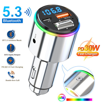 Nou Bluetooth 5.3 Transmițător FM Mâini libere Auto MP3 Player Stereo Auto Modulator FM PD30W Încărcare rapidă QC3.0 AUX Player Lumină RGB