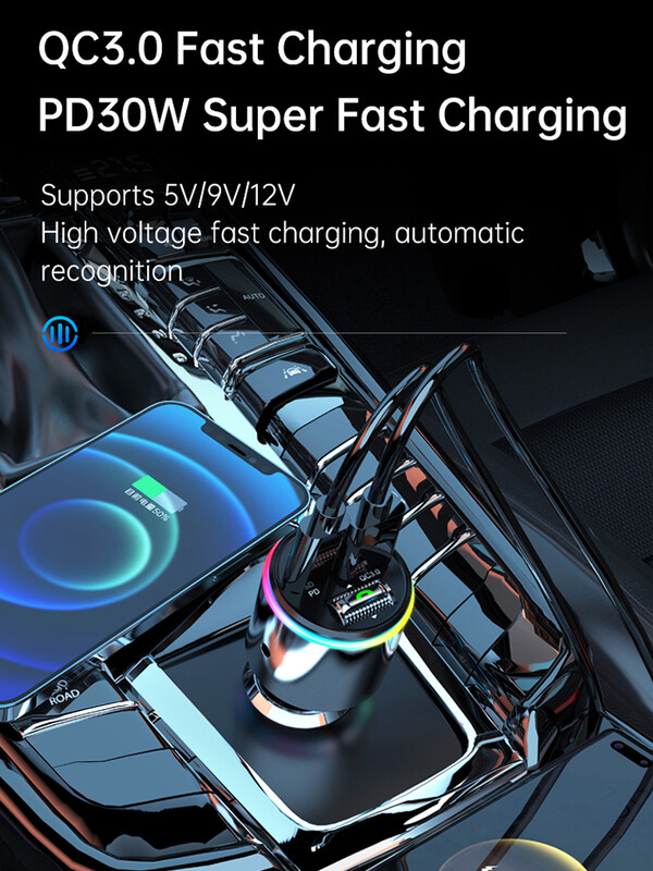 Nou Bluetooth 5.3 Transmițător FM Mâini libere Auto MP3 Player Stereo Auto Modulator FM PD30W Încărcare rapidă QC3.0 AUX Player Lumină RGB