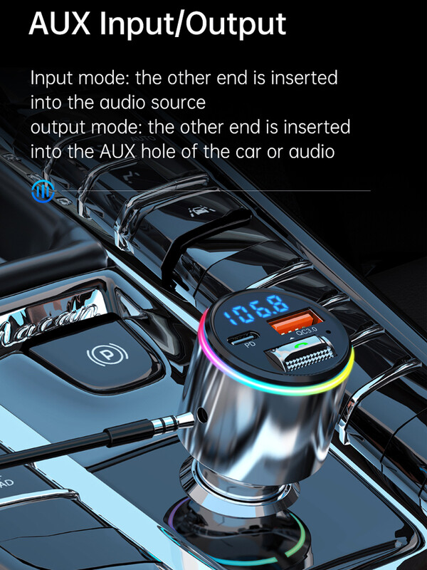 Nou Bluetooth 5.3 Transmițător FM Mâini libere Auto MP3 Player Stereo Auto Modulator FM PD30W Încărcare rapidă QC3.0 AUX Player Lumină RGB