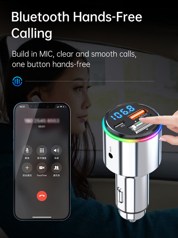 Nou Bluetooth 5.3 Transmițător FM Mâini libere Auto MP3 Player Stereo Auto Modulator FM PD30W Încărcare rapidă QC3.0 AUX Player Lumină RGB