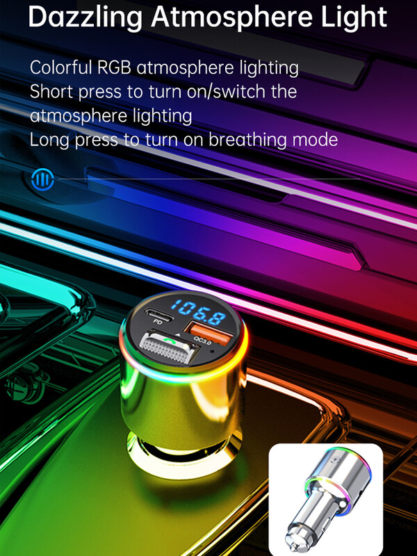 Nou Bluetooth 5.3 Transmițător FM Mâini libere Auto MP3 Player Stereo Auto Modulator FM PD30W Încărcare rapidă QC3.0 AUX Player Lumină RGB