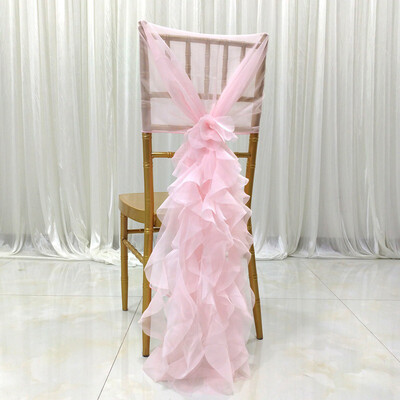 1pc Romantic Sheer Bow Long Chair Sash Fishtail Cutting Elegant Chair Cover With Ruffles Wedding Decor Milk Yarn Layered Trim