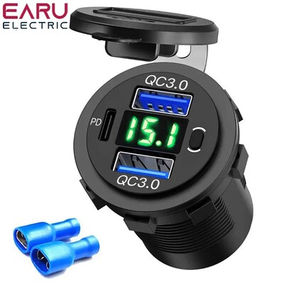 60 W PD Dual QC 3.0 USB laadija digitaalse voltmeetri lülitiga pistikupesa pistikupesa adapteriga veekindel 12 V 24 V auto mootorratas