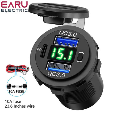 60 W PD Dual QC 3.0 USB laadija digitaalse voltmeetri lülitiga pistikupesa pistikupesa adapteriga veekindel 12 V 24 V auto mootorratas