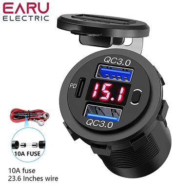 60 W PD Dual QC 3.0 USB laadija digitaalse voltmeetri lülitiga pistikupesa pistikupesa adapteriga veekindel 12 V 24 V auto mootorratas