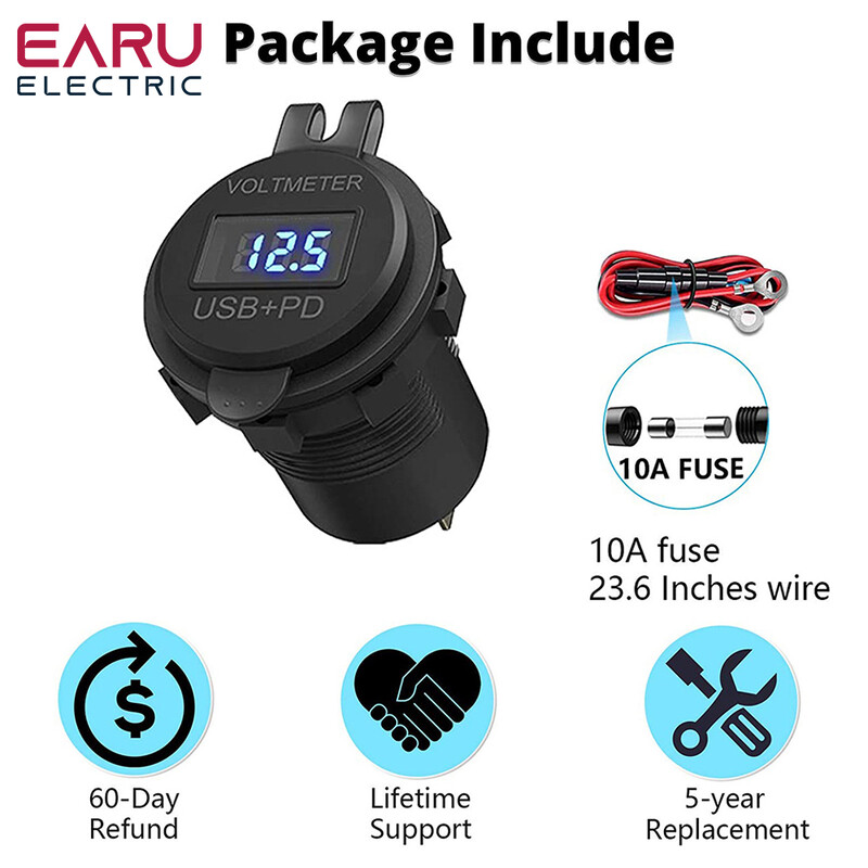 60 W PD Dual QC 3.0 USB laadija digitaalse voltmeetri lülitiga pistikupesa pistikupesa adapteriga veekindel 12 V 24 V auto mootorratas