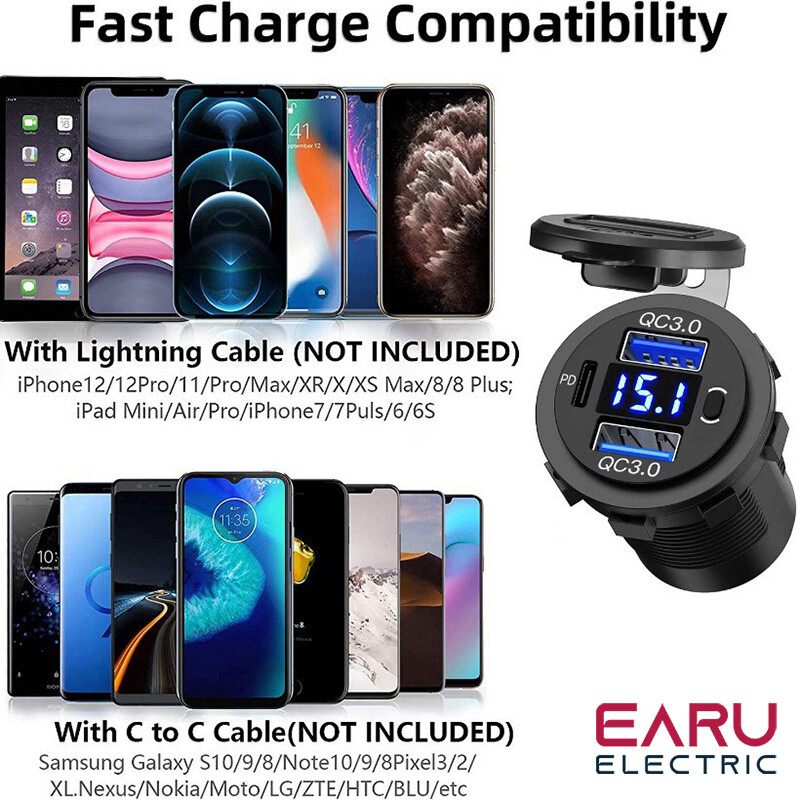 60 W PD Dual QC 3.0 USB laadija digitaalse voltmeetri lülitiga pistikupesa pistikupesa adapteriga veekindel 12 V 24 V auto mootorratas