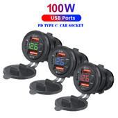 Priză triplă pentru încărcător auto USB C Prize USB PD & 18W QC3.0 cu comutator cu buton Voltmetru digital LED 12V/24V pentru autoturism RV