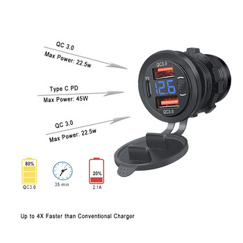 Троен USB C Гнездо за зарядно за кола USB изходи PD & 18W QC3.0 с превключвател с бутон Цифров LED волтметър 12V/24V за лодка за кола RV